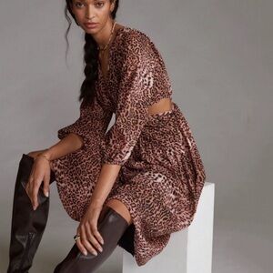 🆕RANNA GILL Anthropologie Leopard Print Side Cut Out MIDI Dress Party Women M